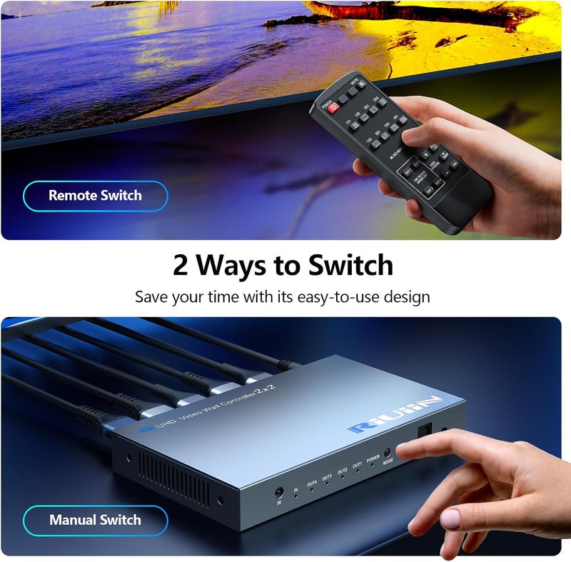 RIUIIN 4K 30HZ 2x2 Video Wall Controller, HDMI Input with 12 Modes, 180° Rotation, Edge Masking, Audio, IR Remote and 2x2,1x2,1x3,1x4,2x1,3x1,4x1 Modes, 4 tv Screens into 1 Wall Display - Image 4